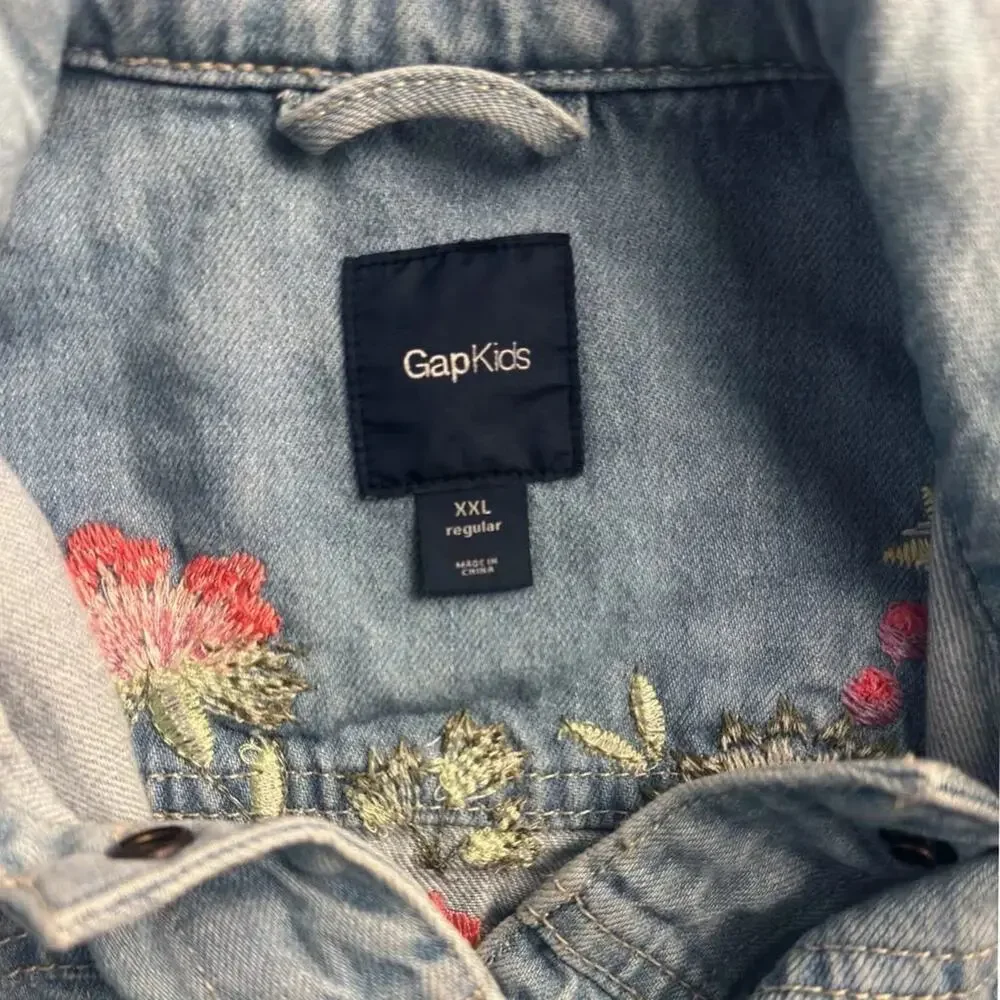GapKids Floral Embroidered Denim Jacket Light Blue